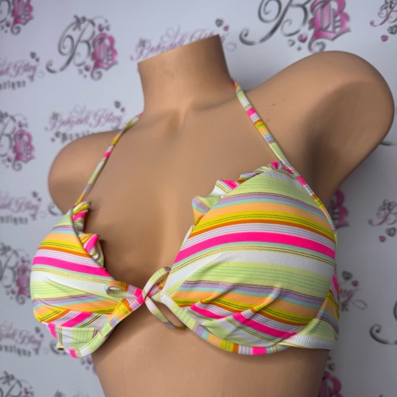 Victoria secret bikini top neon orange pink striped gold shimmer ruffle cupped - Picture 5 of 13